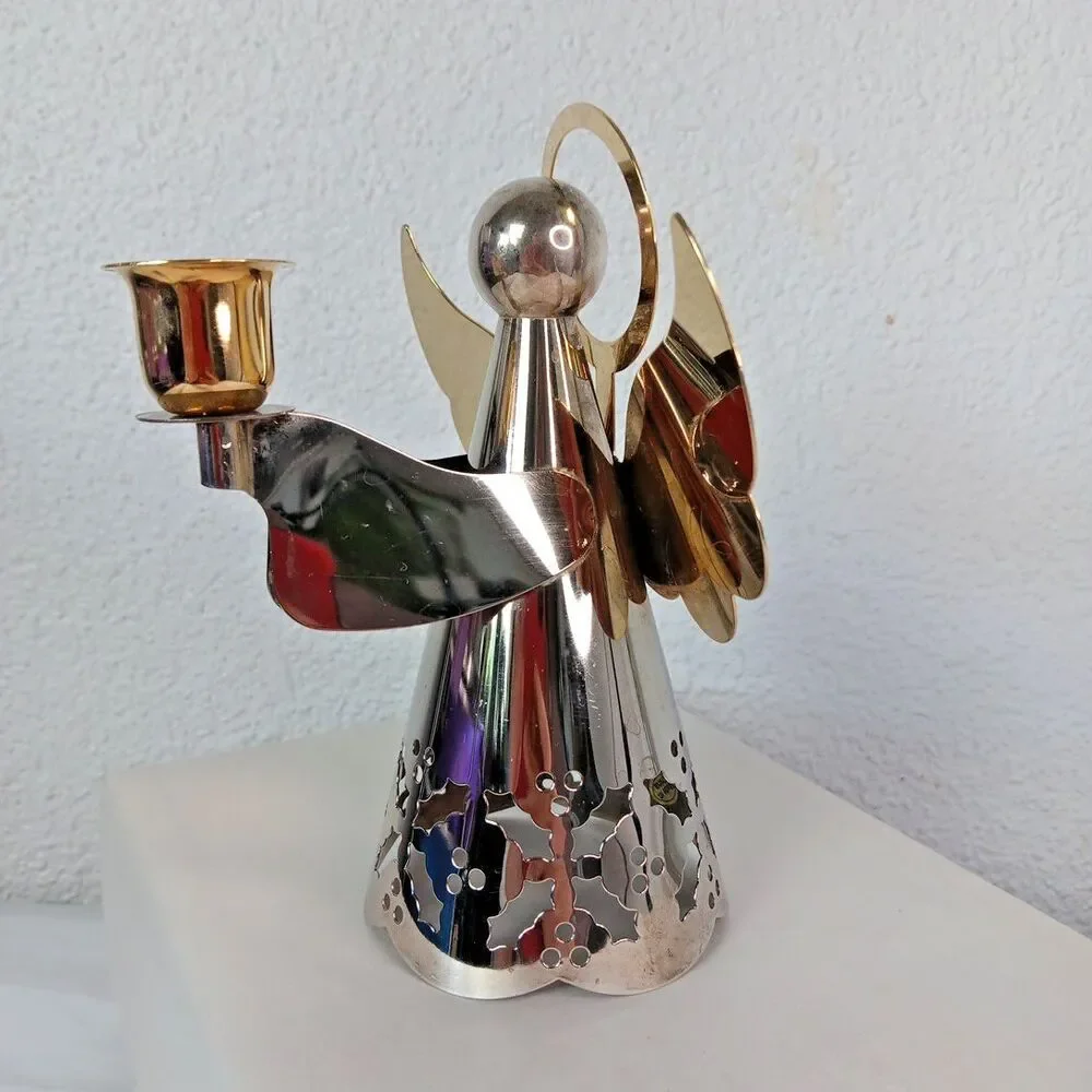 Angel Candle Holder Silver and Gold Tone Metal Vintage Holly Cutouts Festive